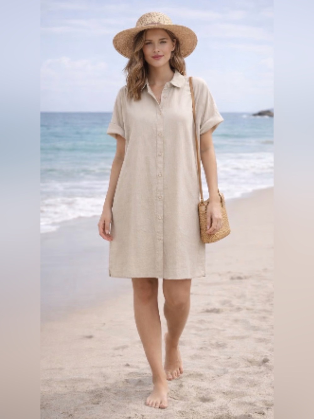 Well Worn Linen Blend Casual Shirt Dress Womens Tan Beige Pockets Size Small